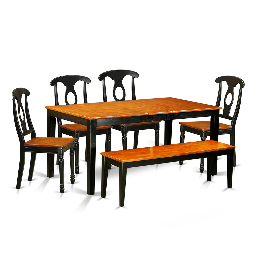 Juego de mesa de comedor moderna de 6 piezas NIKE6-BCH-W de East West Furniture. Contiene una mesa rectangular de madera con hojas de mariposa y 4 sillas de comedor con un banco.
