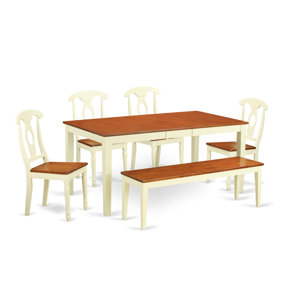 Juego de mesa y sillas de cocina de 6 piezas NIKE6-WHI-W de East West Furniture. Contiene una mesa de comedor rectangular con hojas de mariposa y 4 sillas de comedor con un banco.