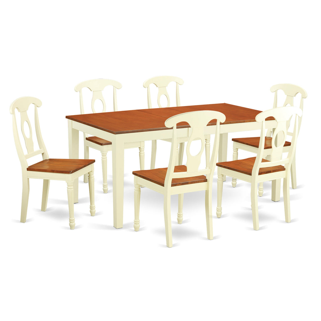 Juego de mesa de comedor East West Furniture NIKE7-WHI-W de 7 piezas compuesto por una mesa de cocina rectangular con diseño de hojas de mariposa y 6 sillas de comedor.