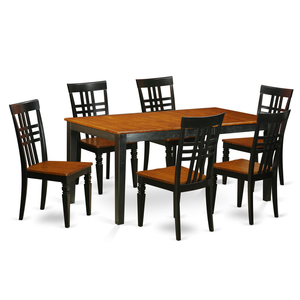 Juego de mesa de comedor East West Furniture NILG7-BCH-W de 7 piezas compuesto por una mesa de comedor rectangular con hojas de mariposa y 6 sillas con asiento de madera.