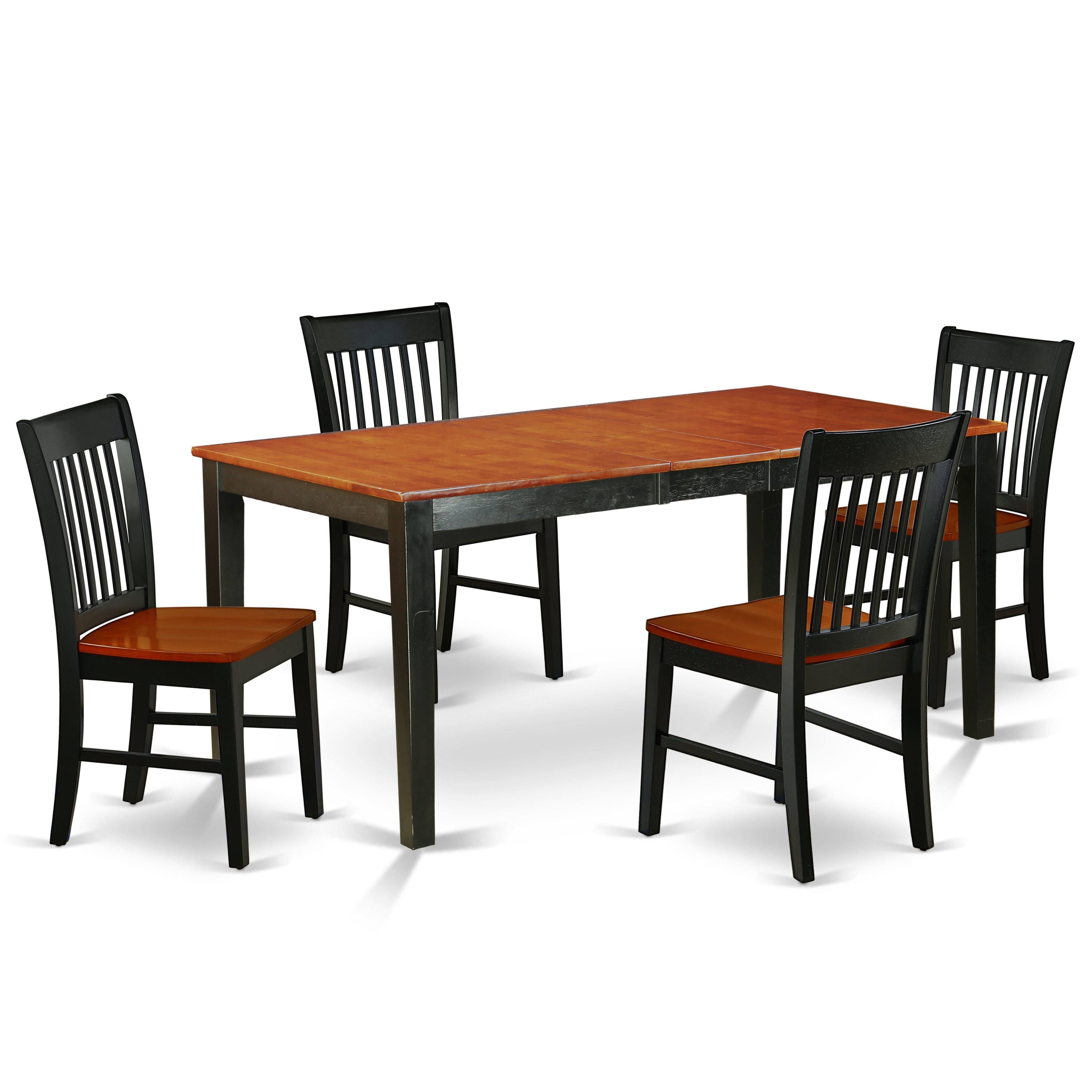 NINO5-BCH-W 5Pc Rectangle 54/66 Inch Table With 12 In Self Storing Butterfly Leaf And Four Wood Seat Dining Chairs
