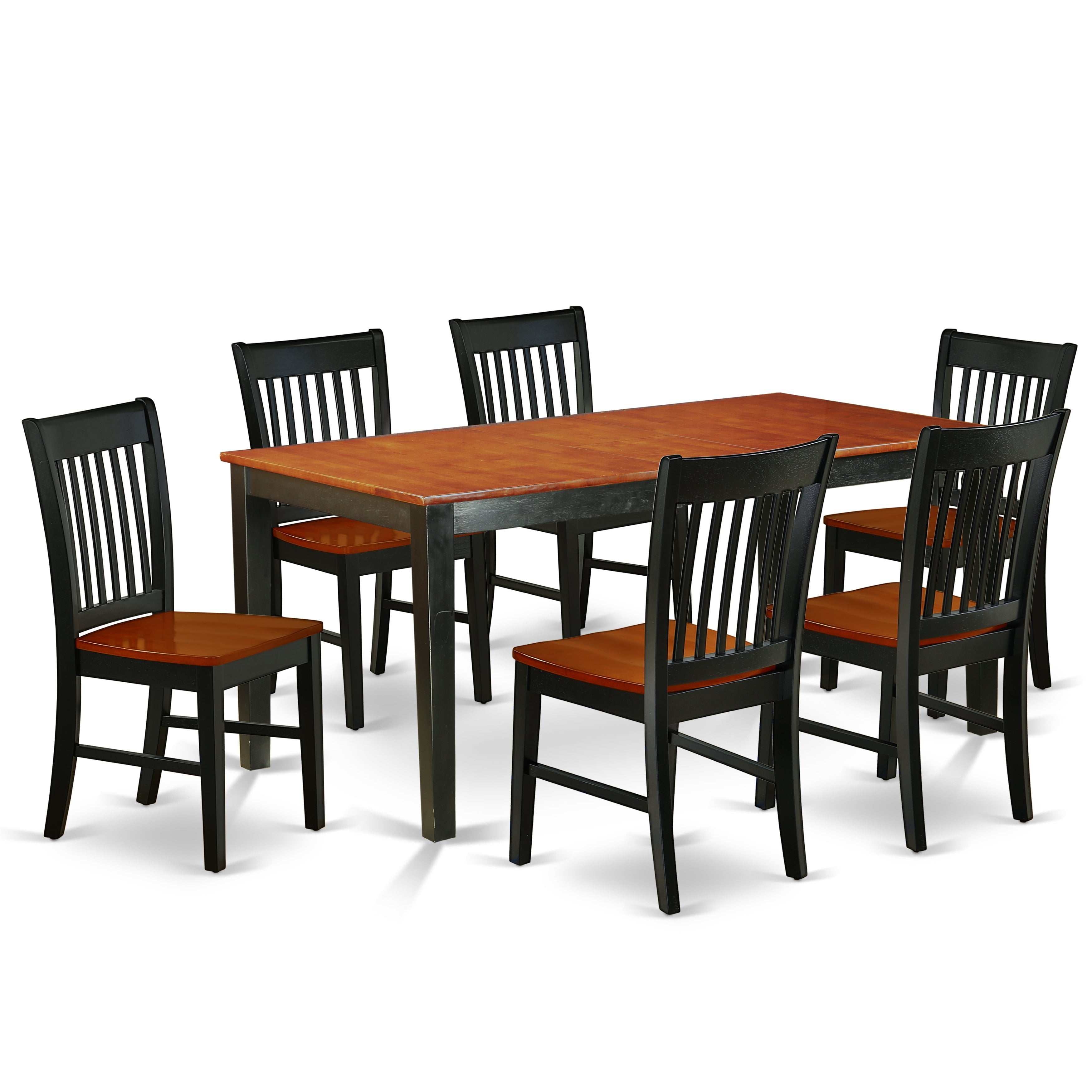 NINO7-BCH-W 7Pc Rectangle 54/66" Family Table With 12 In Butterfly Leaf And 6 Wood Seat Dining Chairs