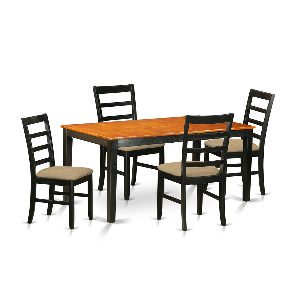 Juego de comedor de 5 piezas East West Furniture NIPF5-BCH-C para 4 personas. Incluye una mesa de comedor rectangular con diseño de hojas de mariposa y 4 sillas de comedor de cocina de tela de lino.