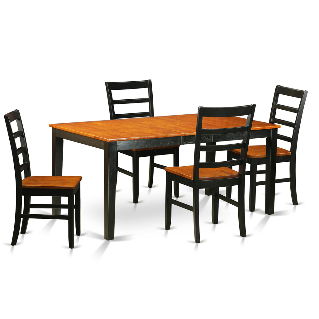 Juego de mesa y sillas de cocina de 5 piezas East West Furniture NIPF5-BCH-W. Incluye una mesa de comedor rectangular con hojas de mariposa y 4 sillas con asiento de madera maciza.