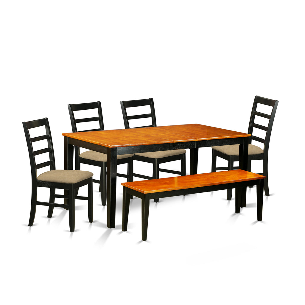 Juego de mesa de comedor de 6 piezas East West Furniture NIPF6-BCH-C. Contiene una mesa de comedor rectangular con hojas de mariposa y 4 sillas de comedor de tela de lino con un banco.