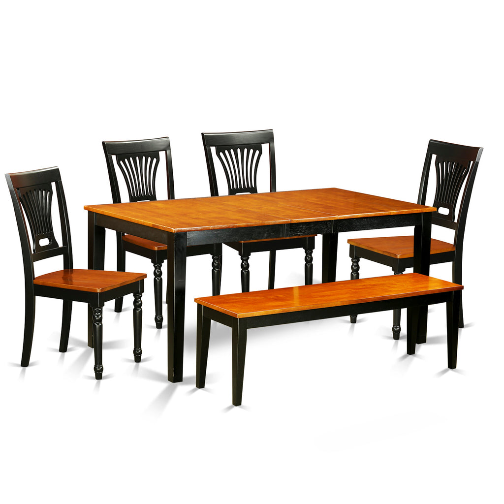 Juego de mesa de comedor de 6 piezas East West Furniture NIPL6-BCH-W. Contiene una mesa de comedor rectangular con hojas de mariposa y 4 sillas con asiento de madera con un banco.