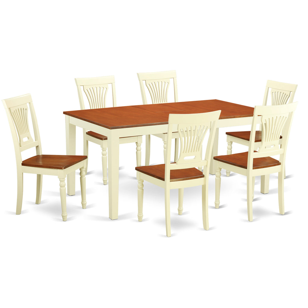 Juego de comedor de 7 piezas East West Furniture NIPL7-WHI-W compuesto por una mesa rectangular con hojas de mariposa y 6 sillas de madera.