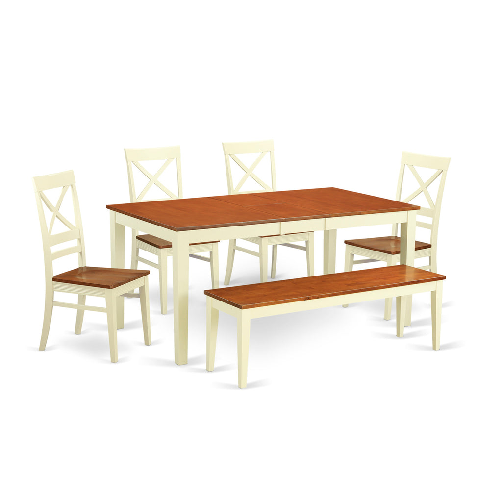 El juego de mesa de cocina de 6 piezas NIQU6-WHI-W de East West Furniture contiene una mesa de comedor rectangular con hojas de mariposa y 4 sillas de comedor con un banco.