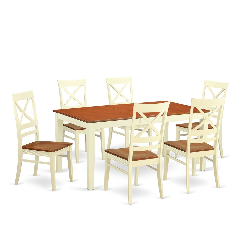 Juego de mesa de comedor de 7 piezas East West Furniture NIQU7-WHI-W compuesto por una mesa de comedor rectangular con hojas de mariposa y 6 sillas con asiento de madera.