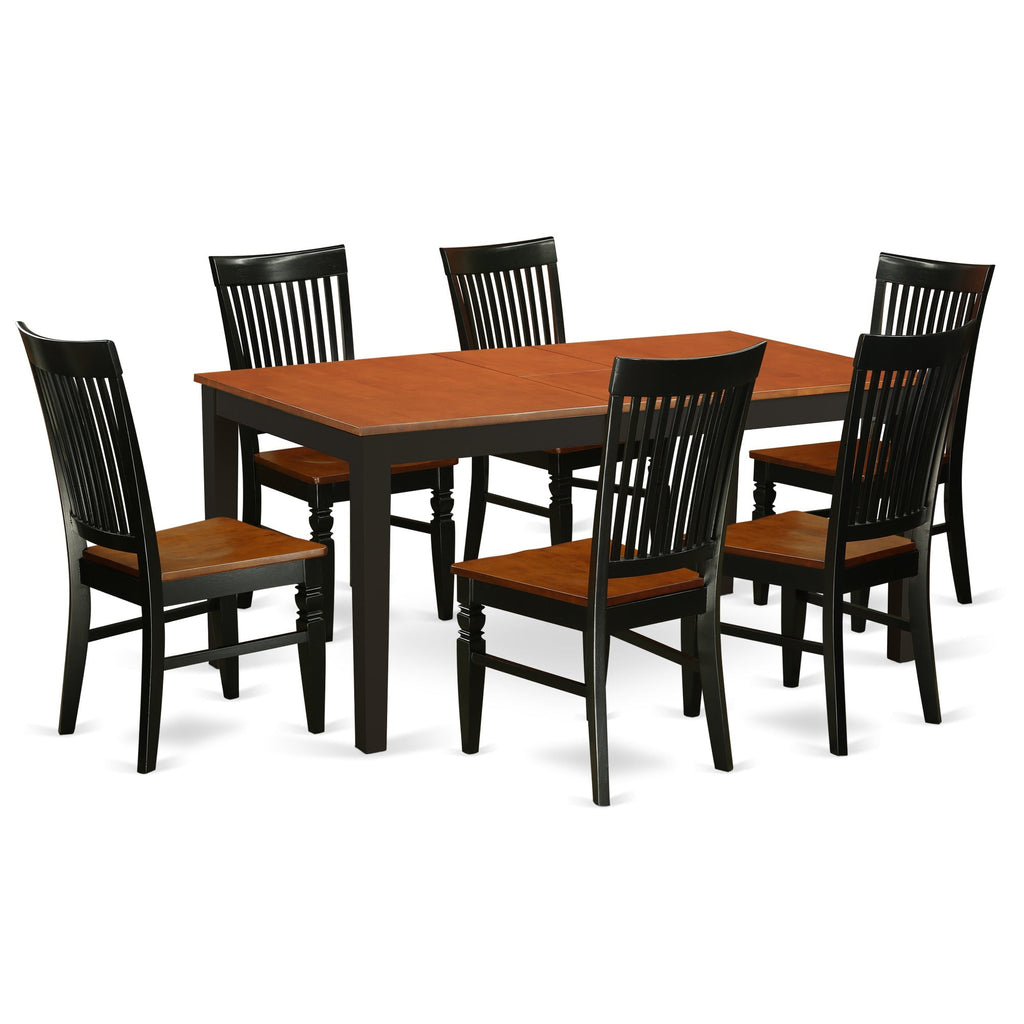 Juego de mesa de cocina de 7 piezas East West Furniture NIWE7-BCH-W compuesto por una mesa de comedor rectangular con hojas de mariposa y 6 sillas de comedor.
