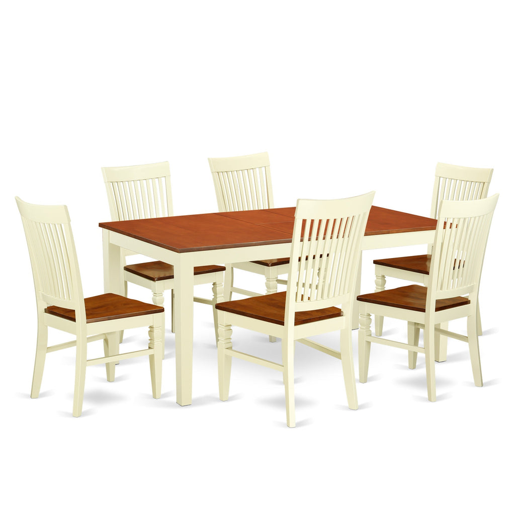 Juego de mesa de comedor de 7 piezas East West Furniture NIWE7-BMK-W compuesto por una mesa rectangular de madera con hojas de mariposa y 6 sillas de comedor.