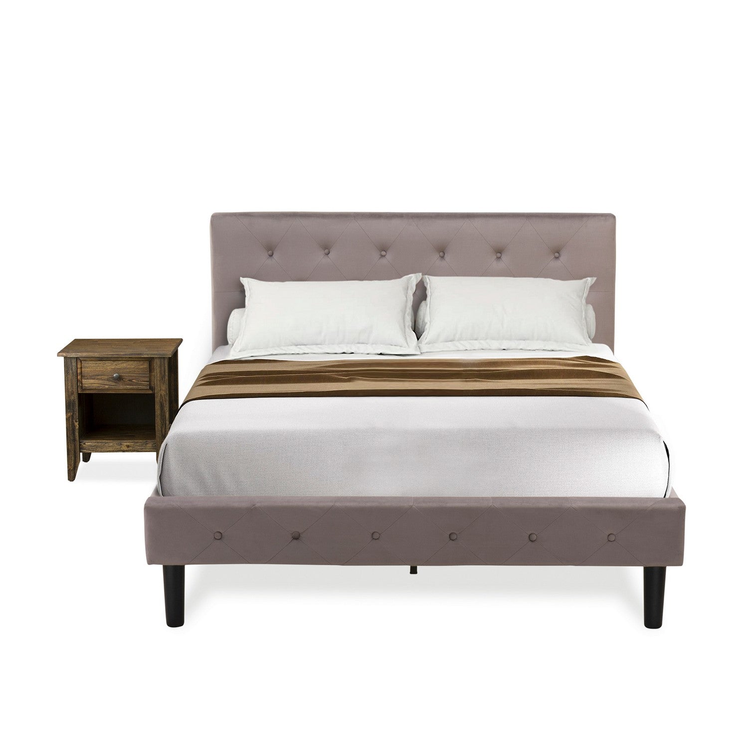 East West Furniture NL14F-1GA07 2 Piece Bedroom Set - Full Size Button Tufted Bed Frame - Brown Taupe Velvet Fabric Upholstered Headboard and a Distressed Jacobean Finish Nightstand