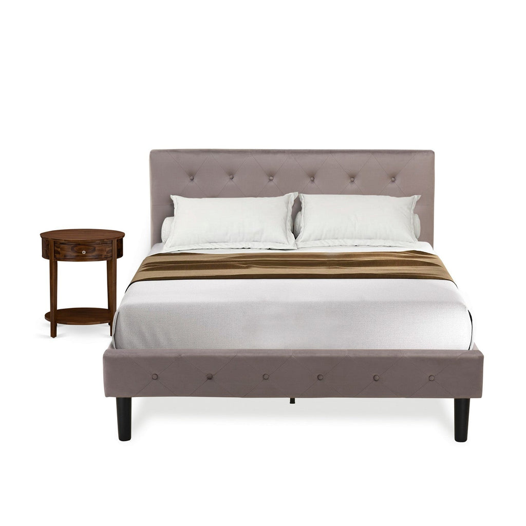East West Furniture NL14F-1HI08 2 Piece Bedroom Set - Full Size Button Tufted Bed - Brown Taupe Velvet Fabric Upholstered Headboard and an Antique Walnut Finish Nightstand
