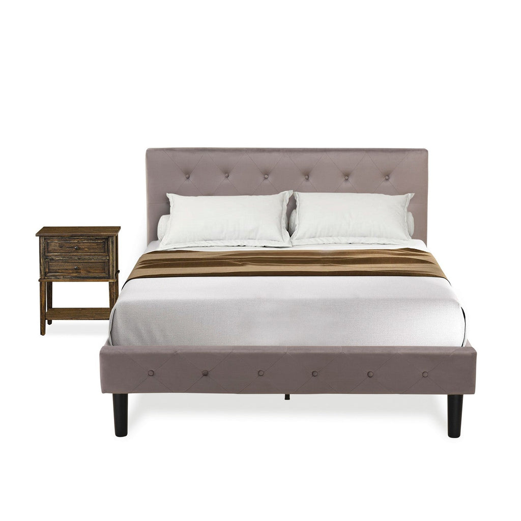 East West Furniture NL14F-1VL07 2 Piece Bedroom Set - Button Tufted Full Size Platform Bed - Brown Taupe Velvet Fabric Upholstered Headboard and a Distressed Jacobean Finish Nightstand