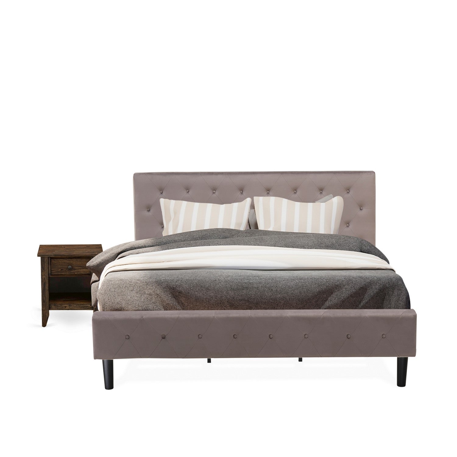 East West Furniture NL14K-1GA07 2 Piece Bedroom Set - King Size Button Tufted Bed - Brown Taupe Velvet Fabric Upholstered Headboard and a Distressed Jacobean Finish Nightstand
