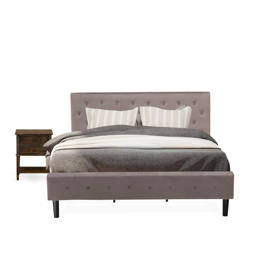 Juego de dormitorio de 2 piezas NL14K-1VL07: cama moderna con botones capitoné, cabecero tapizado en terciopelo marrón topo y mesita de noche con acabado jacobino envejecido.
