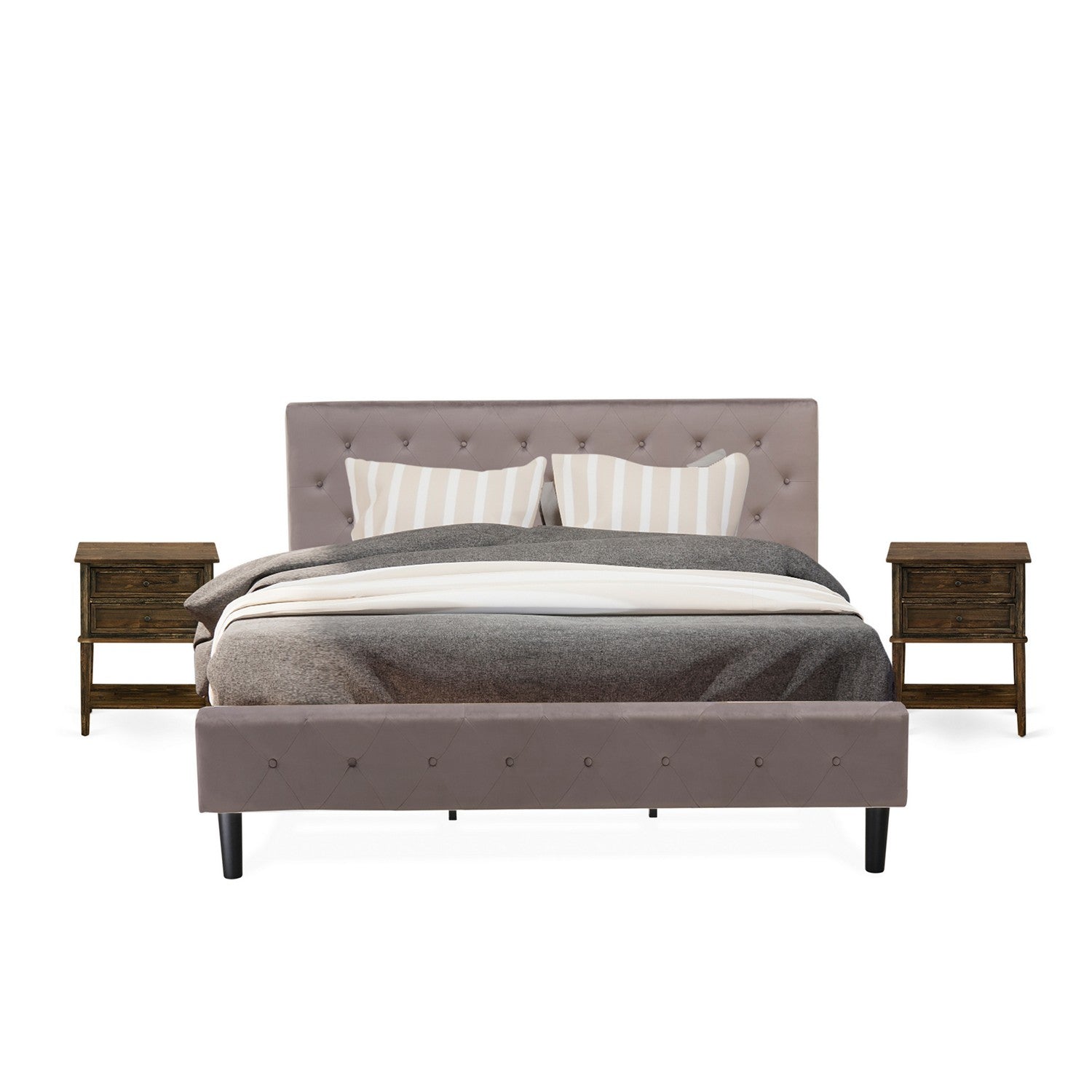 East West Furniture NL14K-2VL07 3 Piece King Size Bed Set - Button Tufted Platform Bed - Brown Taupe Velvet Fabric Upholstered Headboard and a Distressed Jacobean Finish Nightstand