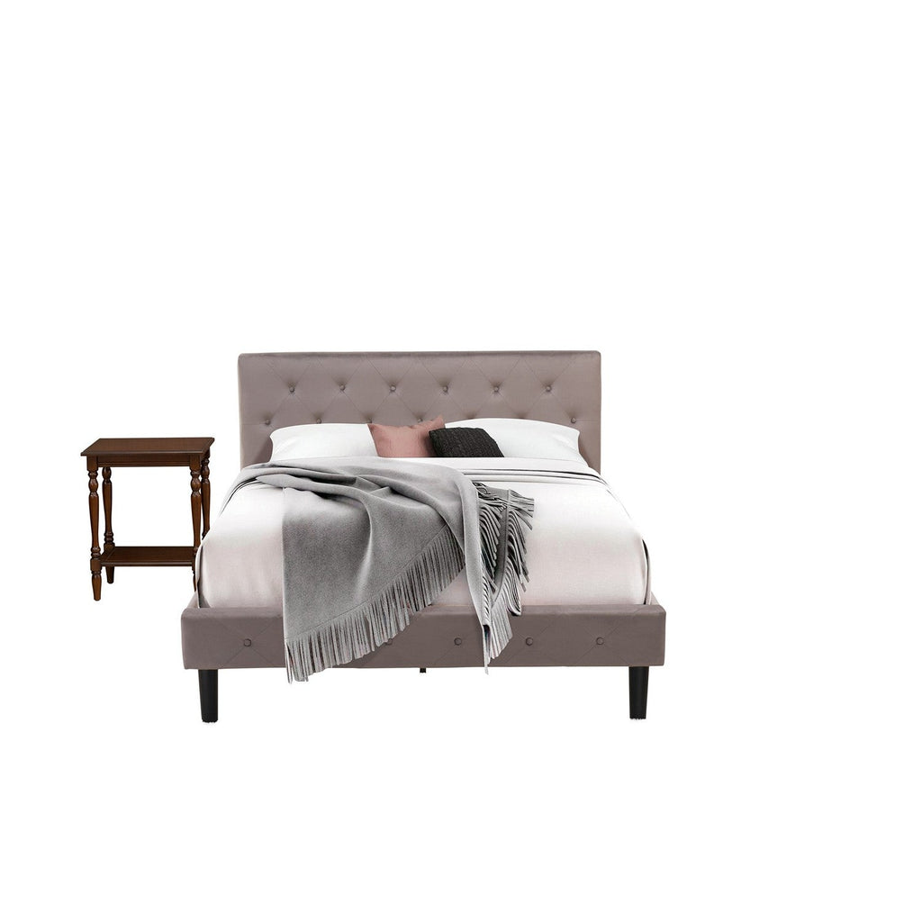 Juego de dormitorio de 2 piezas East West Furniture NL14Q-1BF0M: cama tamaño queen con botones, cabecera tapizada en terciopelo marrón topo y mesita de noche con acabado caoba antiguo.