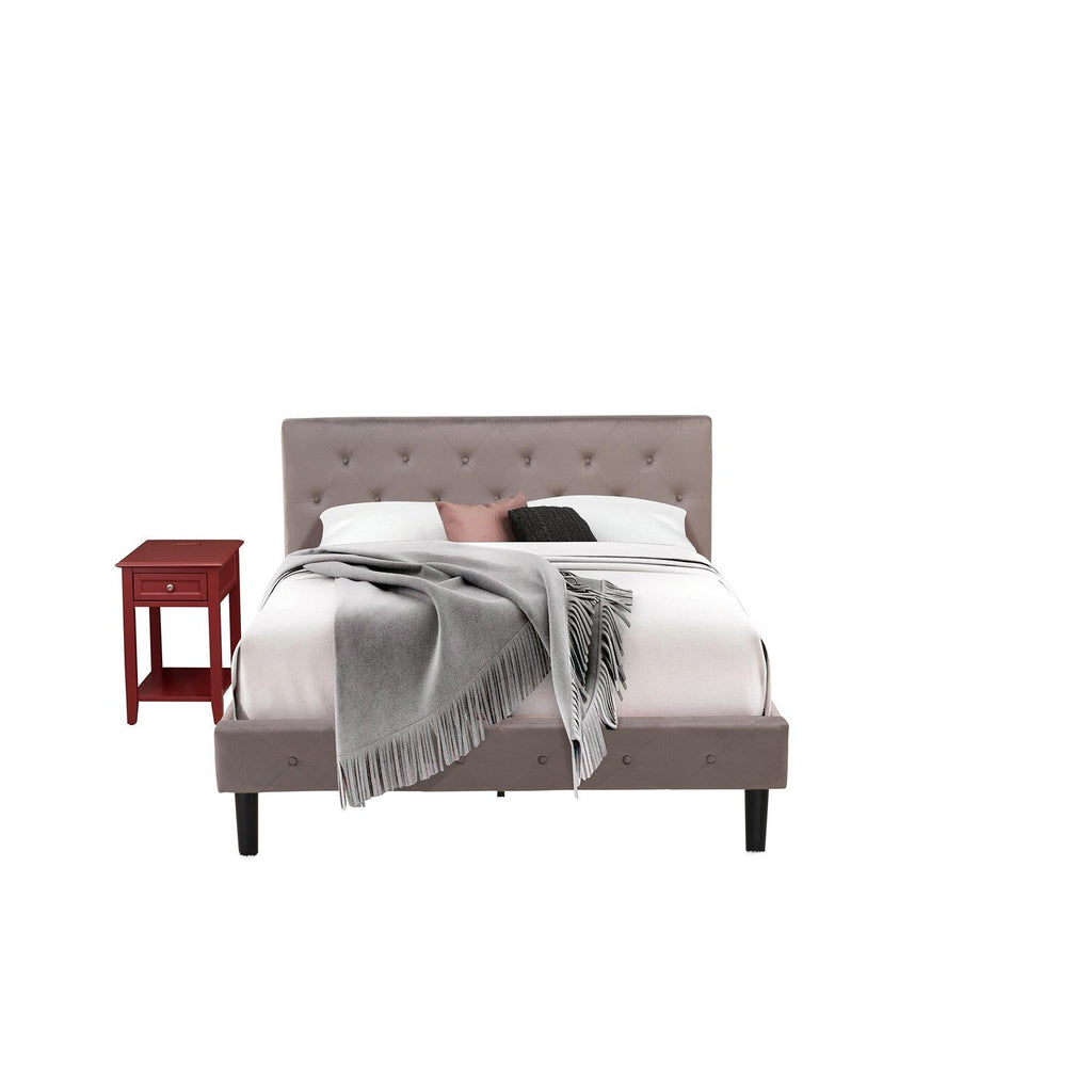 East West Furniture NL14Q-1DE13 2 Piece Queen Bed Set - Button Tufted Bed - Brown Taupe Velvet Fabric Upholstered Headboard and a Burgundy Finish Nightstand