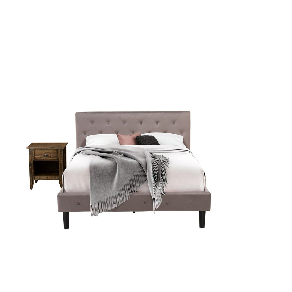 East West Furniture NL14Q-1GA07 2 Piece Queen Bed Set - Button Tufted Bed Frame - Brown Taupe Velvet Fabric Upholstered Headboard and a Distressed Jacobean Finish Nightstand