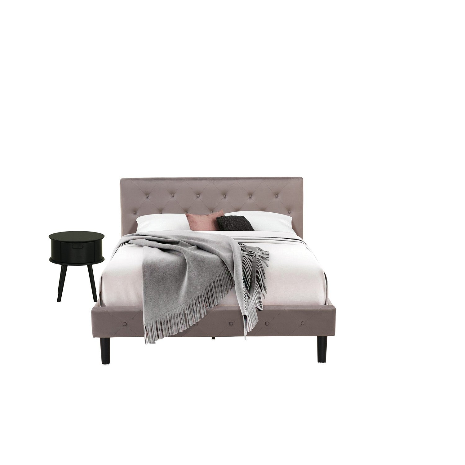 East West Furniture NL14Q-1GO11 2 Piece Bed Set - Queen Size Button Tufted Bed - Brown Taupe Velvet Fabric Upholstered Headboard and a Black Finish Nightstand