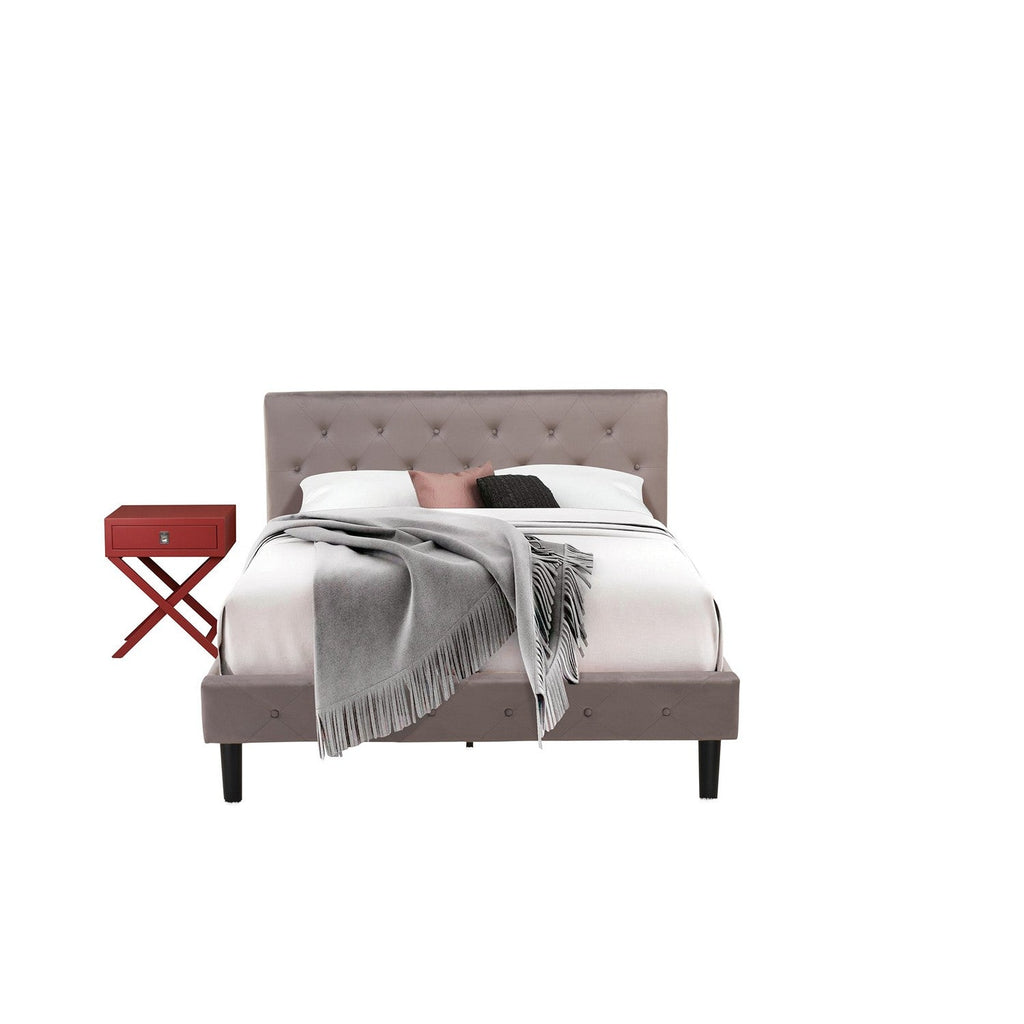 Juego de cama tamaño queen de 2 piezas East West Furniture NL14Q-1HA13: estructura de cama con botones capitoné, cabecera tapizada en terciopelo marrón topo y mesita de noche con acabado burdeos.