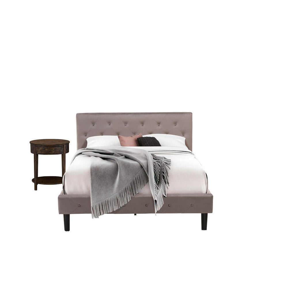 Juego de cama tamaño queen de 2 piezas East West Furniture NL14Q-1HI07: estructura de cama con botones capitoné, cabecera tapizada en terciopelo marrón topo y mesita de noche con acabado jacobino envejecido.