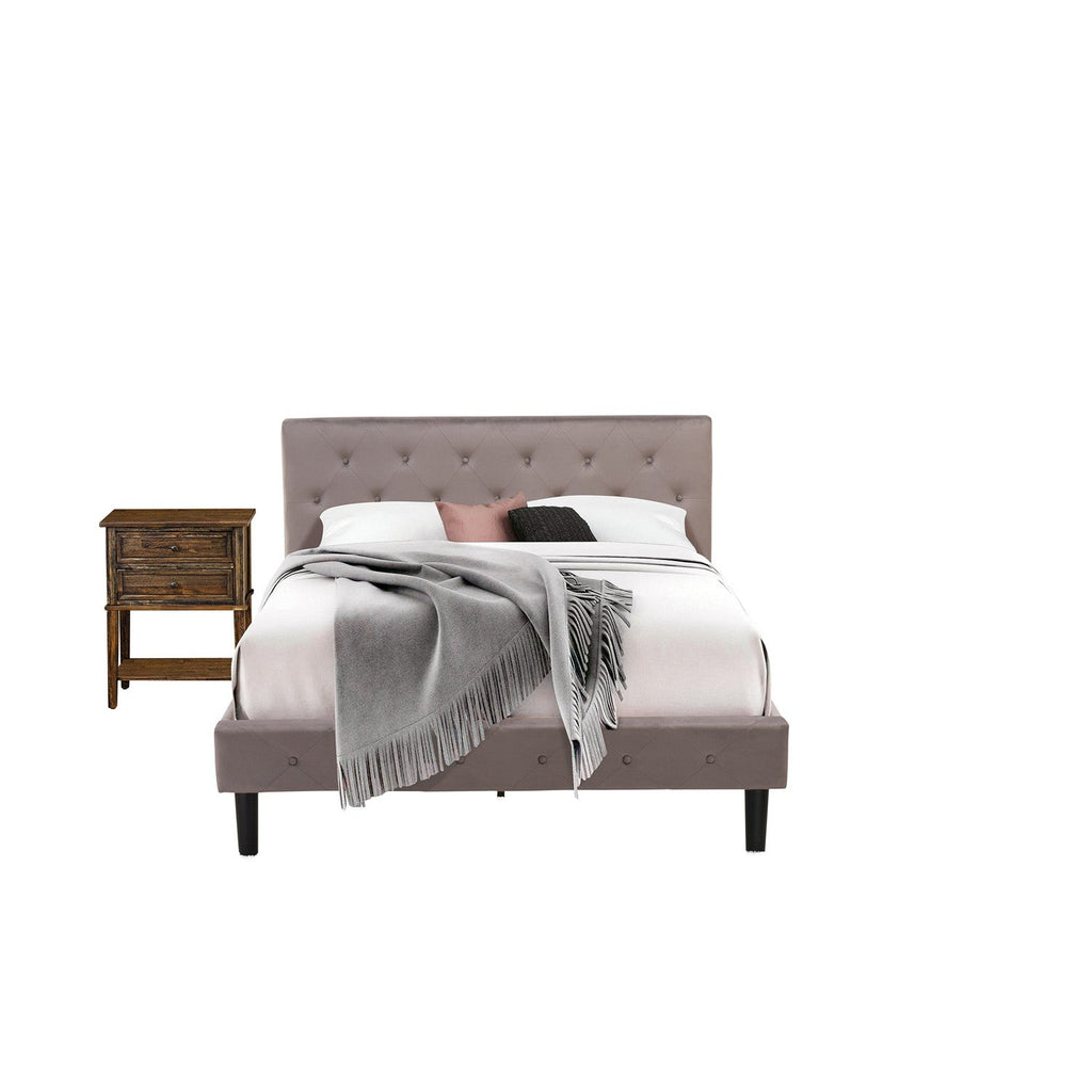 East West Furniture NL14Q-1VL07 2 Piece Queen Bed Set - Button Tufted Bed Frame - Brown Taupe Velvet Fabric Upholstered Headboard and a Distressed Jacobean Finish Nightstand