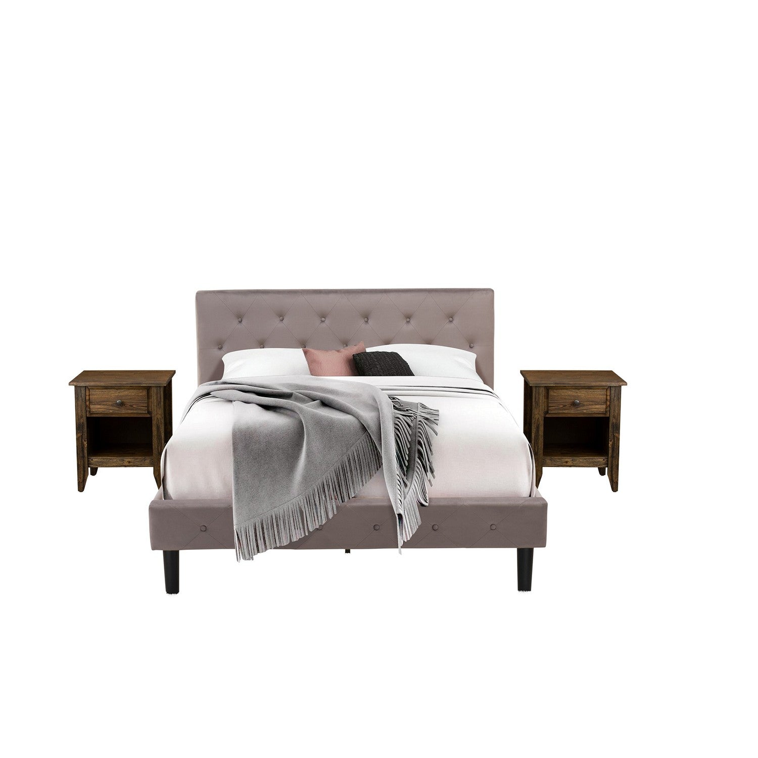 East West Furniture NL14Q-2GA07 3 Piece Bedroom Set - Button Tufted Queen Size Bed - Brown Taupe Velvet Fabric Upholstered Headboard with and a Distressed Jacobean Finish Nightstand