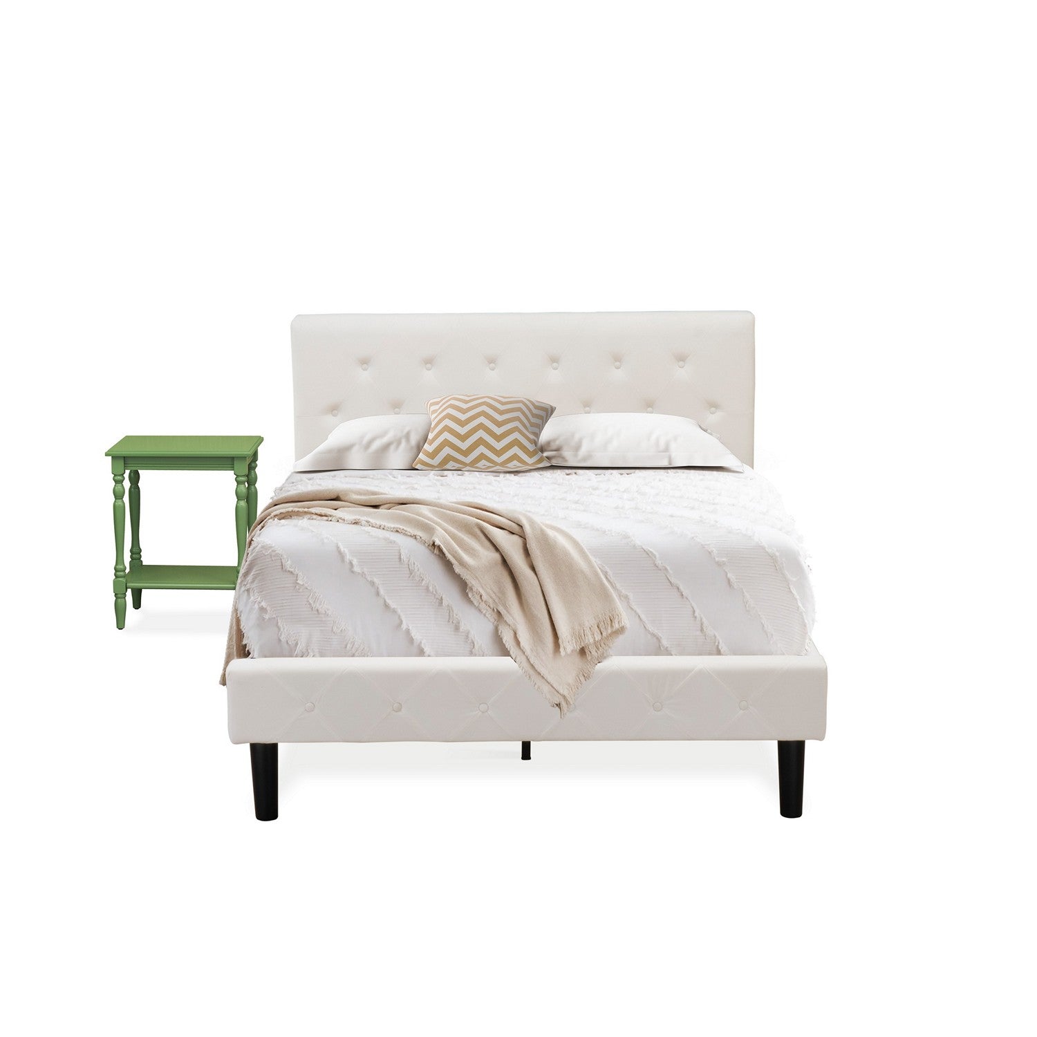 Juego de dormitorio de 2 piezas tamaño matrimonial East West Furniture NL19F-1BF12: estructura de cama moderna con botones capitoné, cabecera tapizada en terciopelo blanco y mesita de noche con acabado verde trébol.