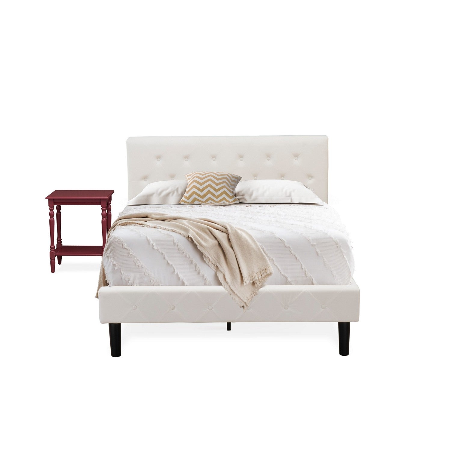 Juego de cama de 2 piezas East West Furniture NL19F-1BF13 - Cama matrimonial con botones capitoné - Cabecera tapizada en terciopelo blanco y mesita de noche con acabado burdeos