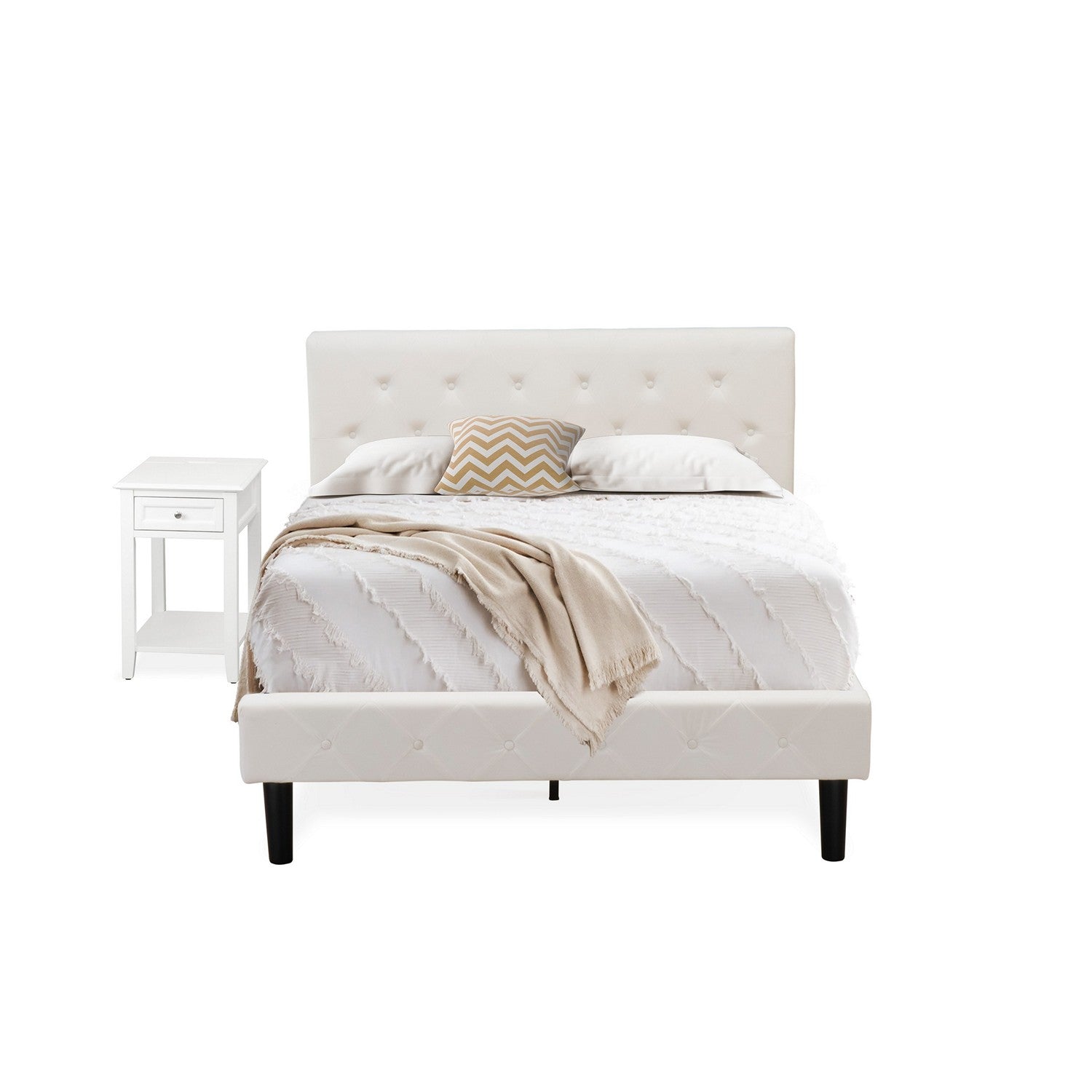 Juego de dormitorio de 2 piezas East West Furniture NL19F-1DE05: cama matrimonial con capitoné, cabecera tapizada en terciopelo blanco y mesita de noche con acabado blanco.