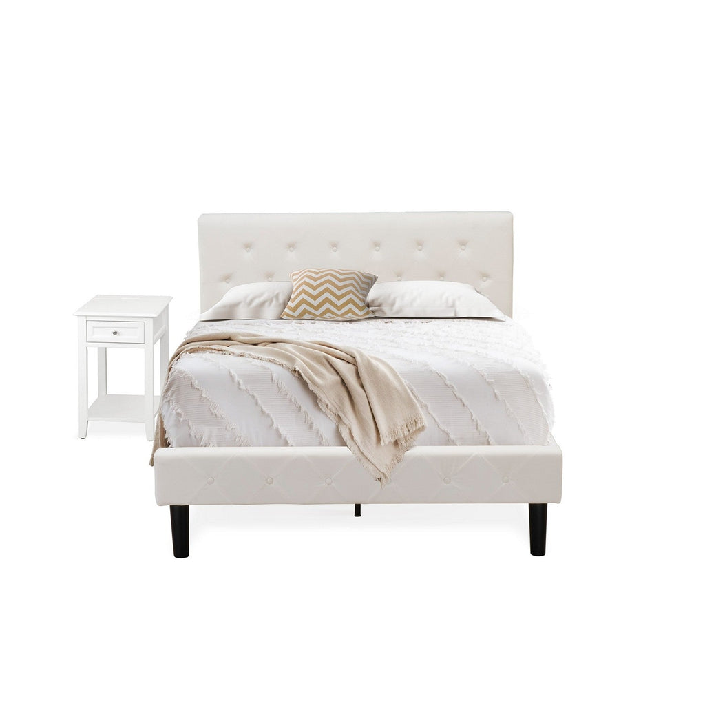 East West Furniture NL19F-1DE05 2 Piece Bedroom Set - Button Tufted Full Bedframe - White Velvet Fabric Upholstered Headboard and a White Finish Nightstand