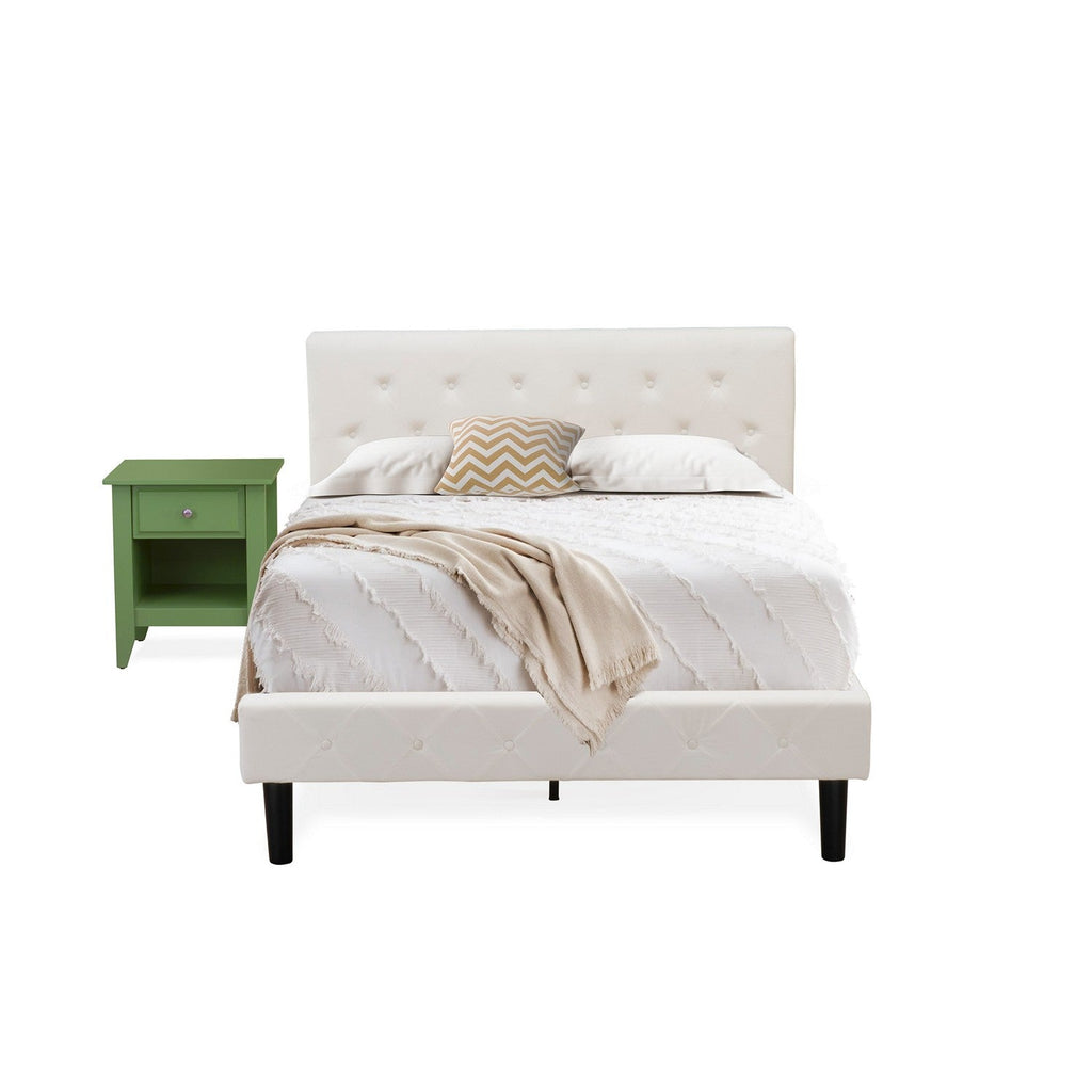 East West Furniture NL19F-1GA12 2 Piece Bedroom Set - Full Size Button Tufted Bed - White Velvet Fabric Upholstered Headboard and a Clover Green Finish Nightstand