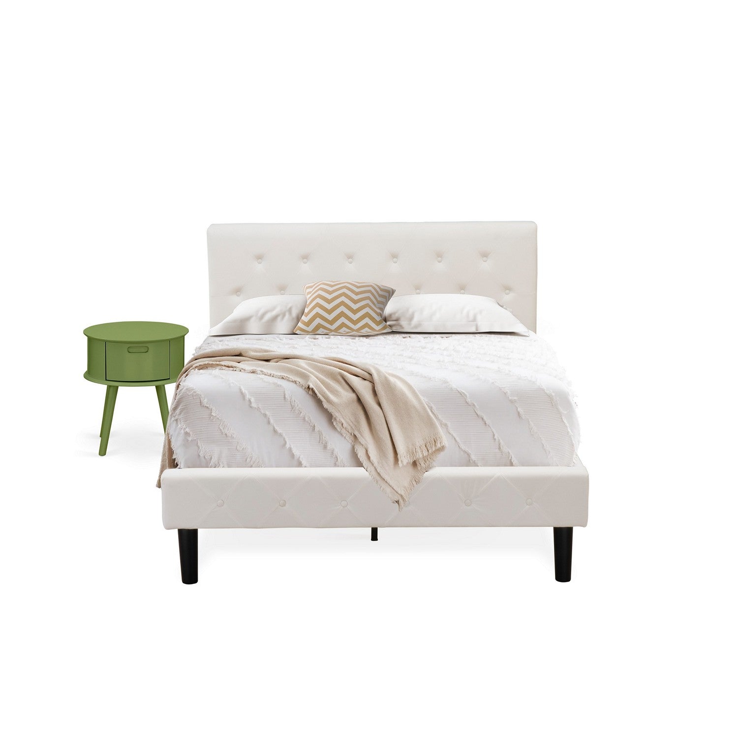 East West Furniture NL19F-1GO12 2 Piece Full Size Bed Set - Button Tufted Bedframe - Linen white Velvet Fabric Upholstered Headboard and a Clover Green Finish Nightstand