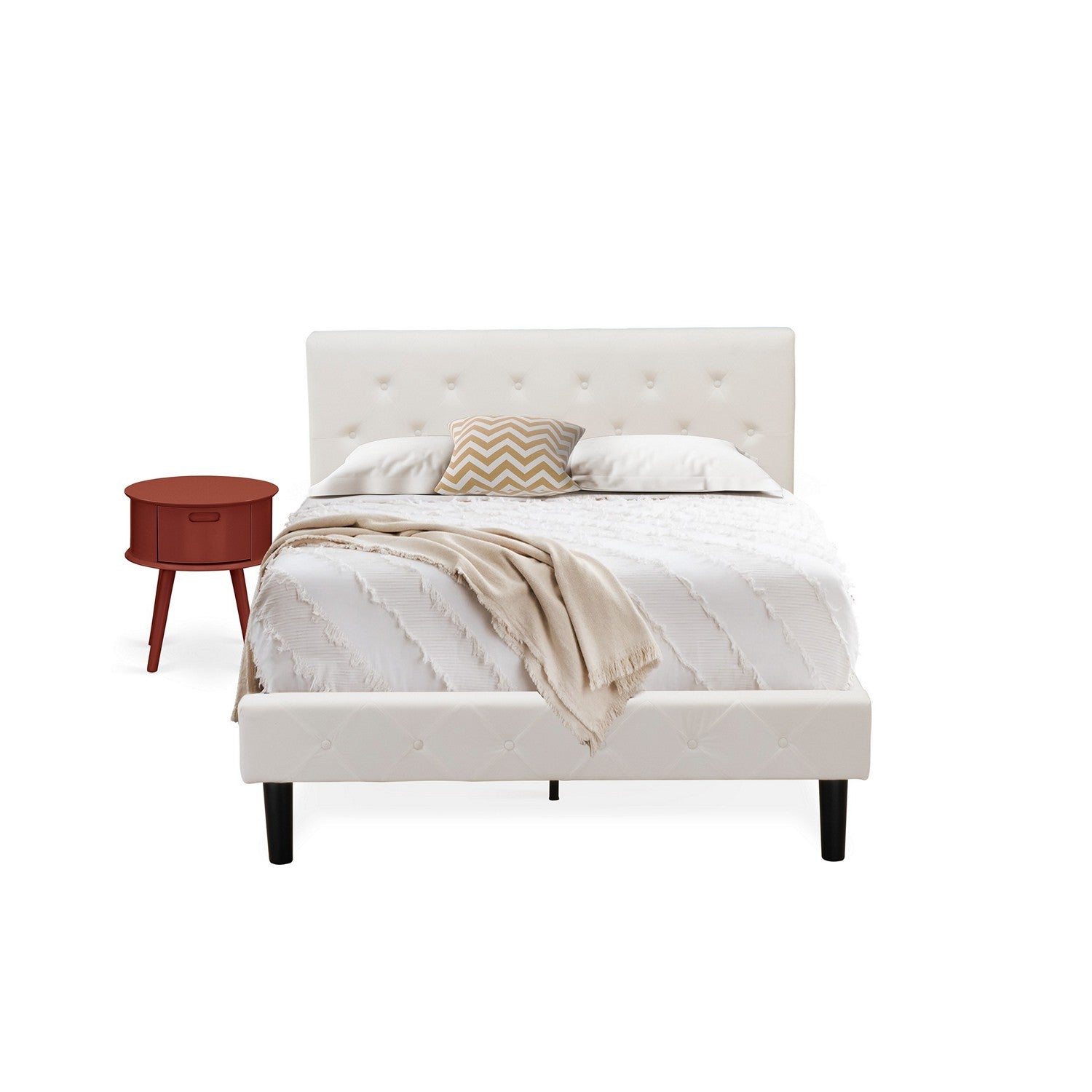 East West Furniture NL19F-1GO13 2 Piece Full Bed Set - Button Tufted Bed Frame - Linen white Velvet Fabric Upholstered Headboard and a Burgundy Finish Nightstand