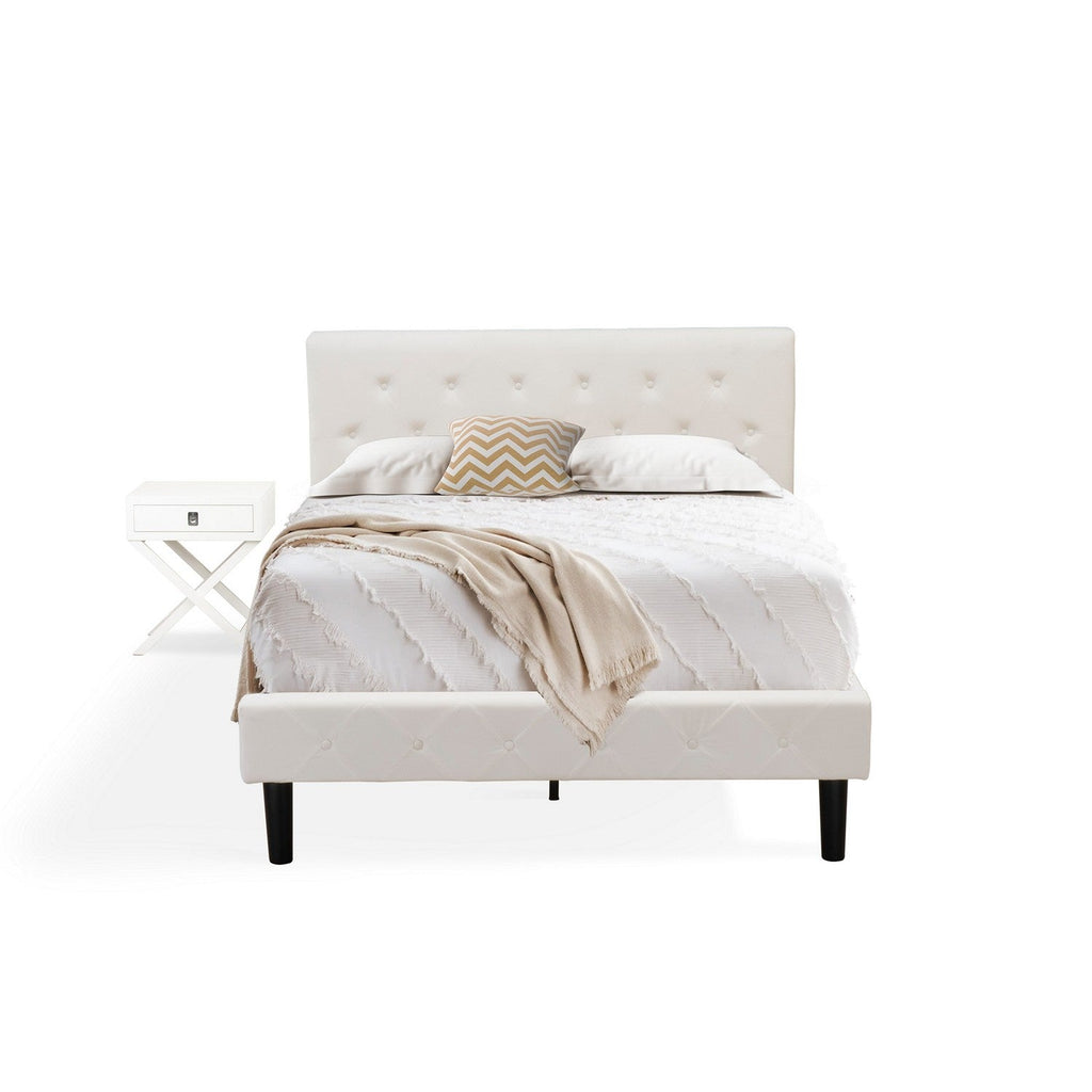 East West Furniture NL19F-1HA05 2 Piece Modern Bedroom Set - Full Size Button Tufted Bed - White Velvet Fabric Upholstered Headboard and a White Finish Nightstand