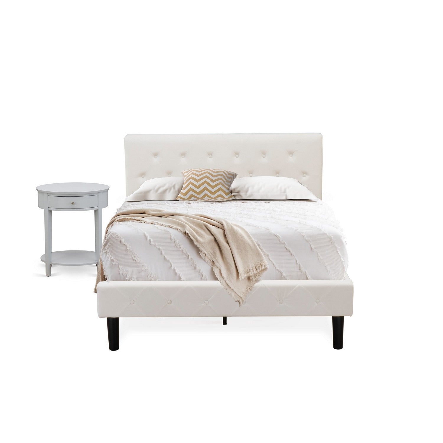 Juego de dormitorio de 2 piezas tamaño matrimonial East West Furniture NL19F-1HI14: estructura de cama con botones capitoné, cabecera tapizada en tela de terciopelo blanco y mesita de noche con acabado gris urbano.