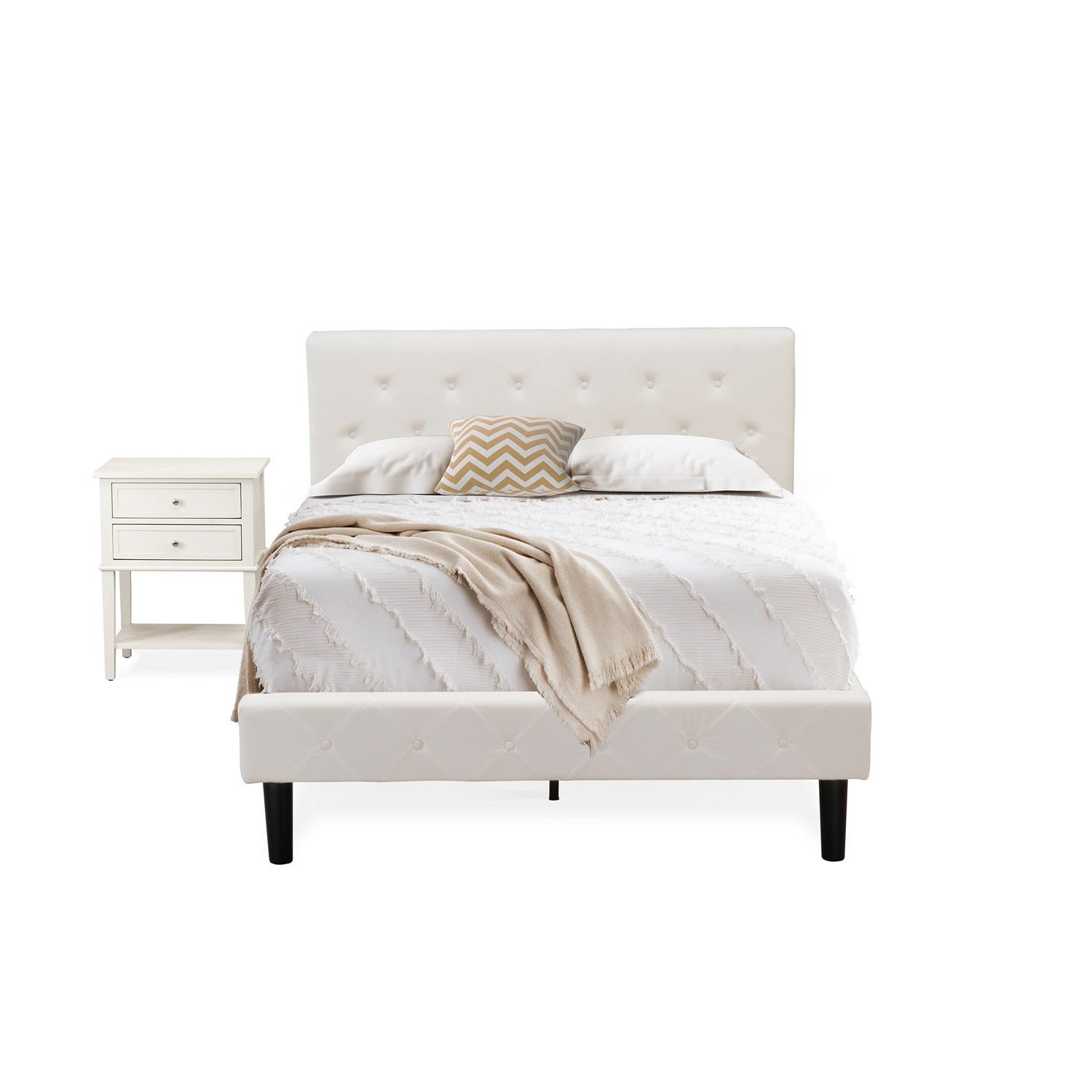 Juego de dormitorio de 2 piezas East West Furniture NL19F-1VL0C: cama matrimonial con botones, cabecera tapizada en terciopelo blanco y mesita de noche con acabado en crema mantequilla cepillado con alambre.