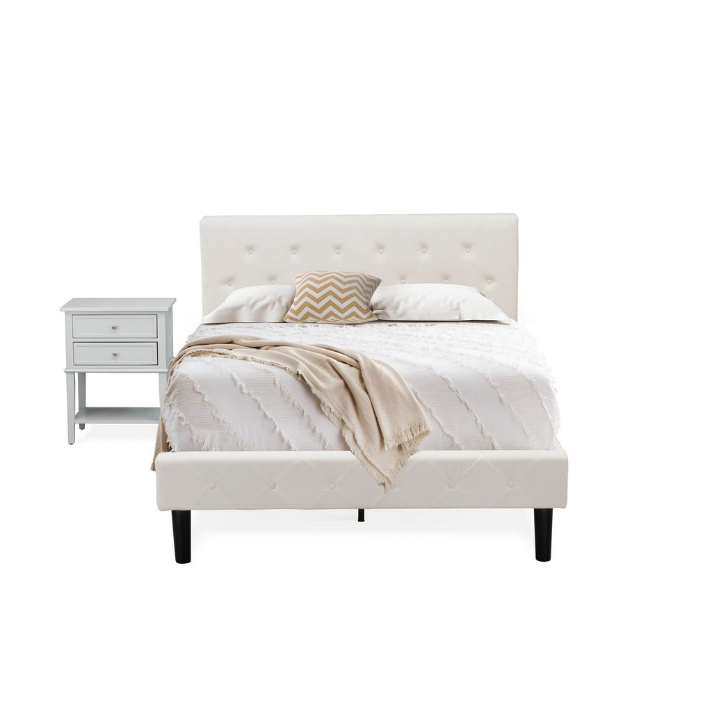 Juego de cama de 2 piezas East West Furniture NL19F-1VL14: cama matrimonial con botones capitoné, cabecera tapizada en terciopelo blanco y mesita de noche con acabado gris urbano.