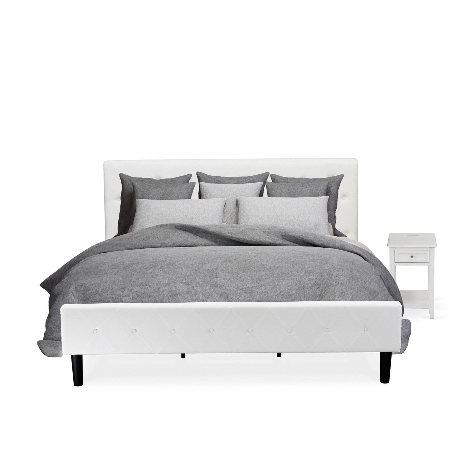 East West Furniture NL19K-1DE05 2 Piece King Size Bed Set - Button Tufted Platform Bed Frame - Linen white Velvet Fabric Upholstered Headboard and a Linen white Finish Nightstand