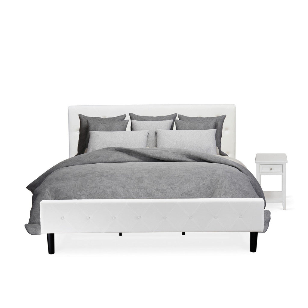 East West Furniture NL19K-1DE05 2 Piece King Size Bed Set - Button Tufted Platform Bed Frame - White Velvet Fabric Upholstered Headboard and a White Finish Nightstand