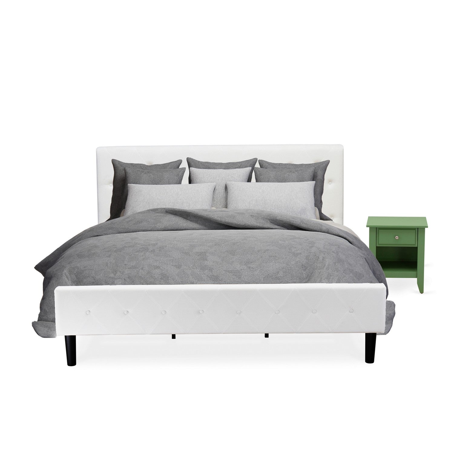 East West Furniture NL19K-1GA12 2 Piece Bedroom Set - Button Tufted Modern Bed Frame - Linen white Velvet Fabric Upholstered Headboard and a Clover Green Finish Nightstand
