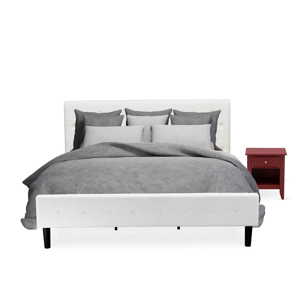 NL19K-1GA13 2 Piece King Size Bedroom Set - Button Tufted Wooden Bed Frame - White Velvet Fabric Upholstered Headboard and a Burgundy Finish Nightstand