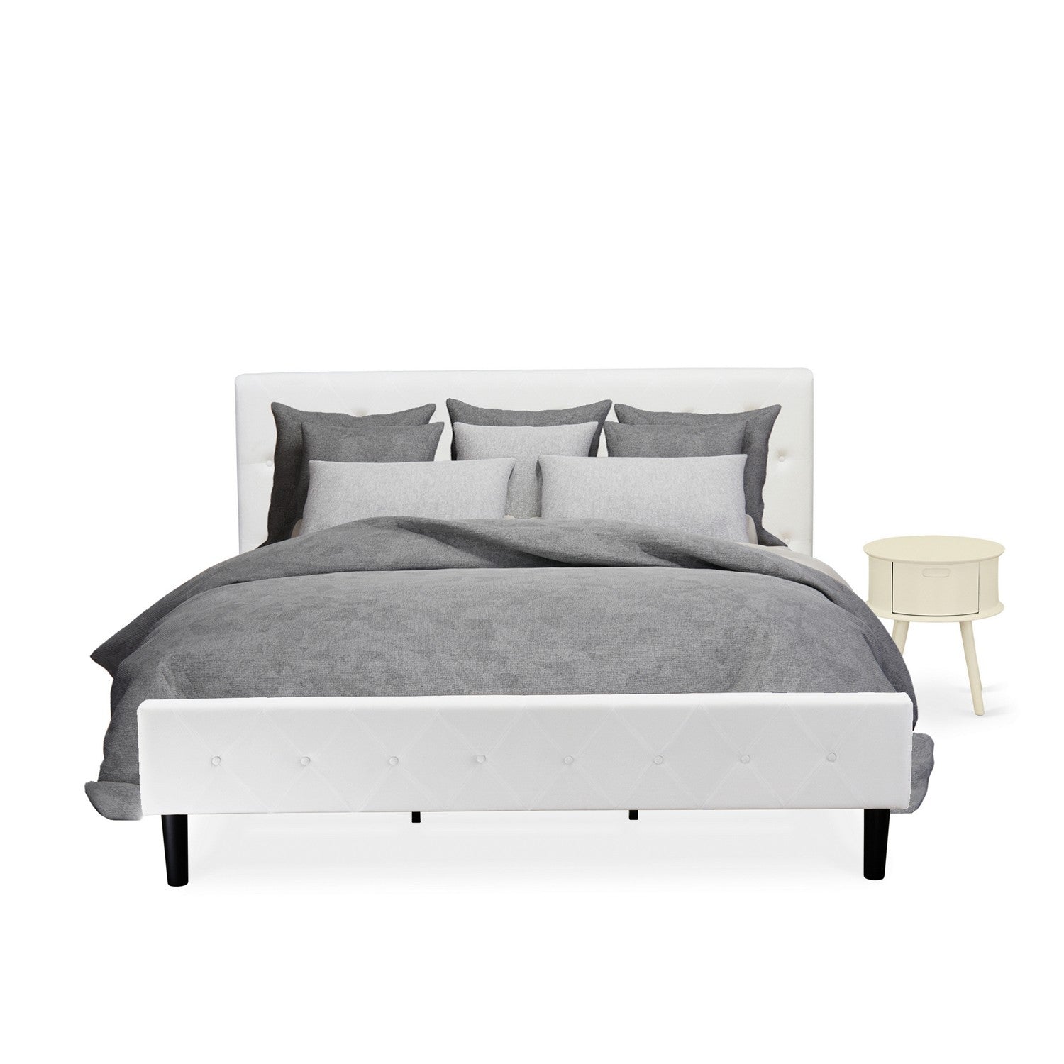 East West Furniture NL19K-1GO05 2 Piece King Bed Set - Button Tufted Platform Bed Frame - Linen white Velvet Fabric Upholstered Headboard and a Linen white Finish Nightstand