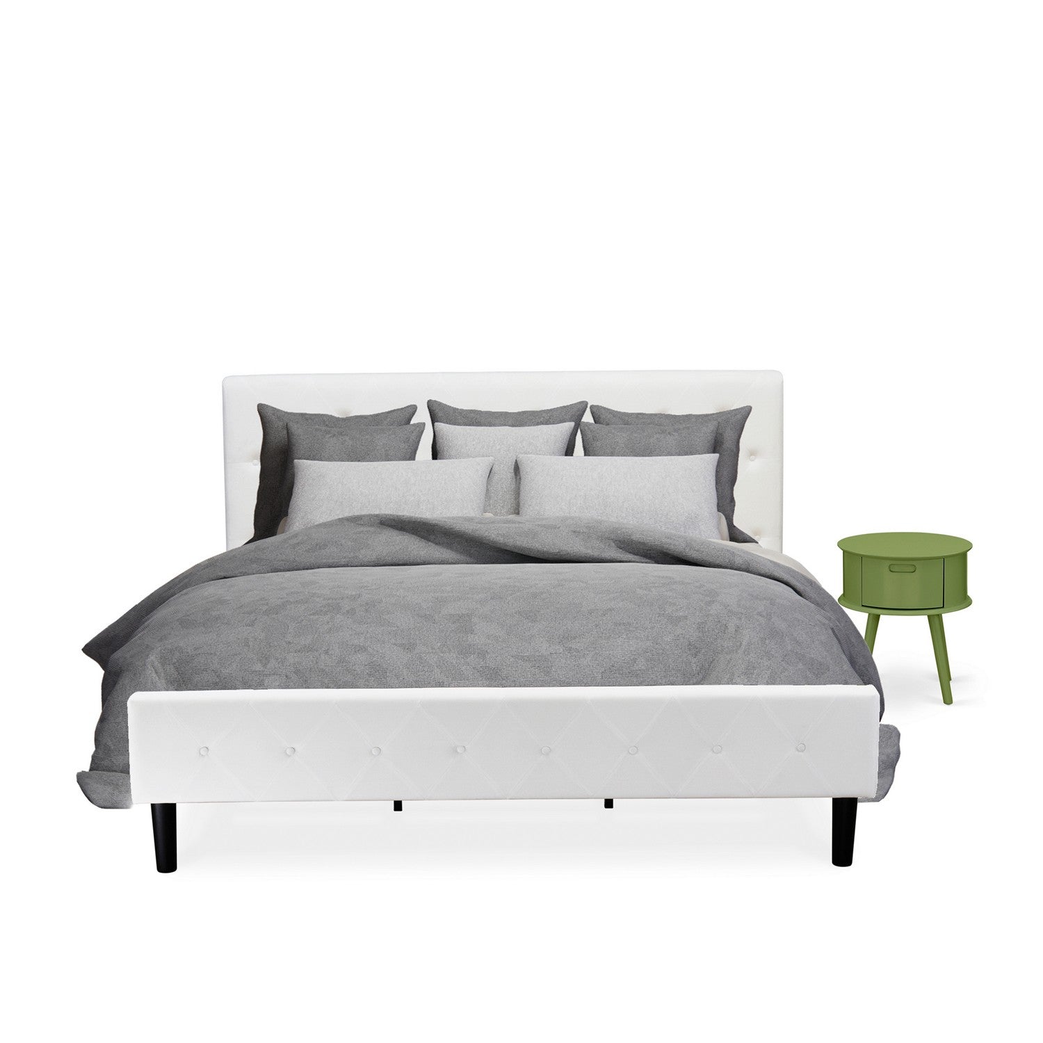 East West Furniture NL19K-1GO12 2 Piece King Bedroom Set - Button Tufted Platform Bed Frame - Linen white Velvet Fabric Upholstered Headboard and a Clover Green Finish Nightstand