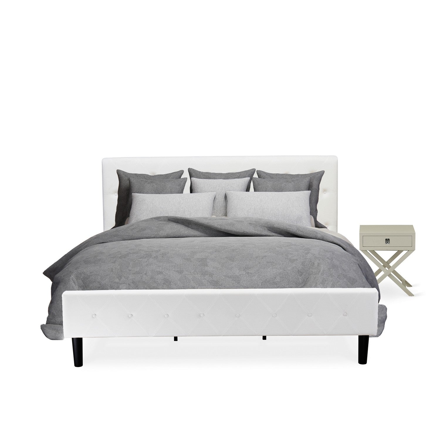 Juego de dormitorio tamaño king de 2 piezas East West Furniture NL19K-1HA14: estructura de cama con botones capitoné, cabecera tapizada en tela de terciopelo blanco y mesita de noche con acabado gris urbano.