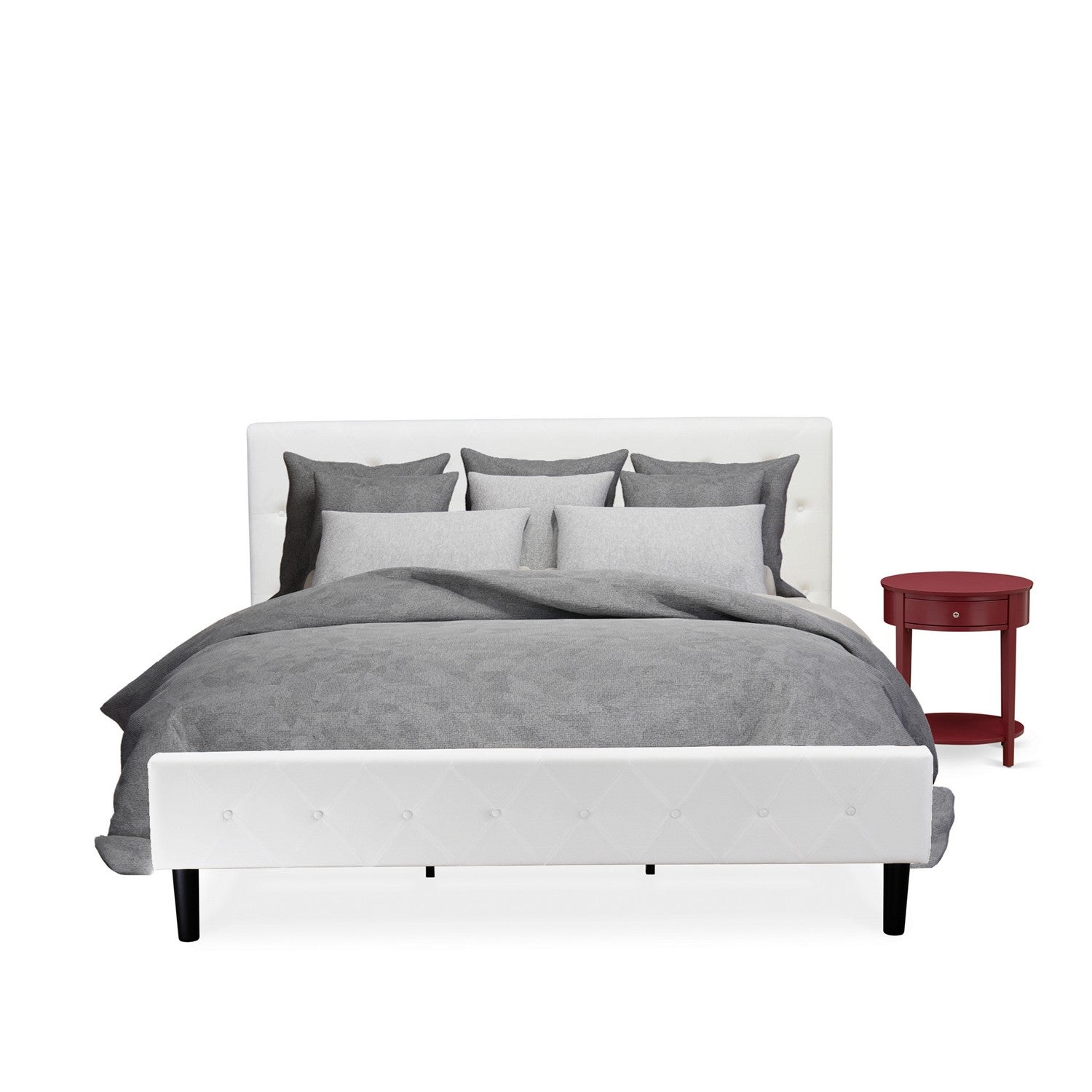 Juego de dormitorio de 2 piezas East West Furniture NL19K-1HI13: estructura de cama moderna con botones capitoné, cabecera tapizada en terciopelo blanco y mesita de noche con acabado burdeos.