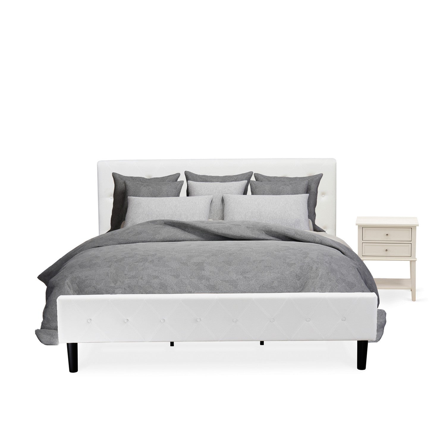 East West Furniture NL19K-1VL0C 2 Piece King Bedroom Set - Button Tufted Bed Frame - Linen white Velvet Fabric Upholstered Headboard and a Wire Brushed Butter Cream Finish Nightstand