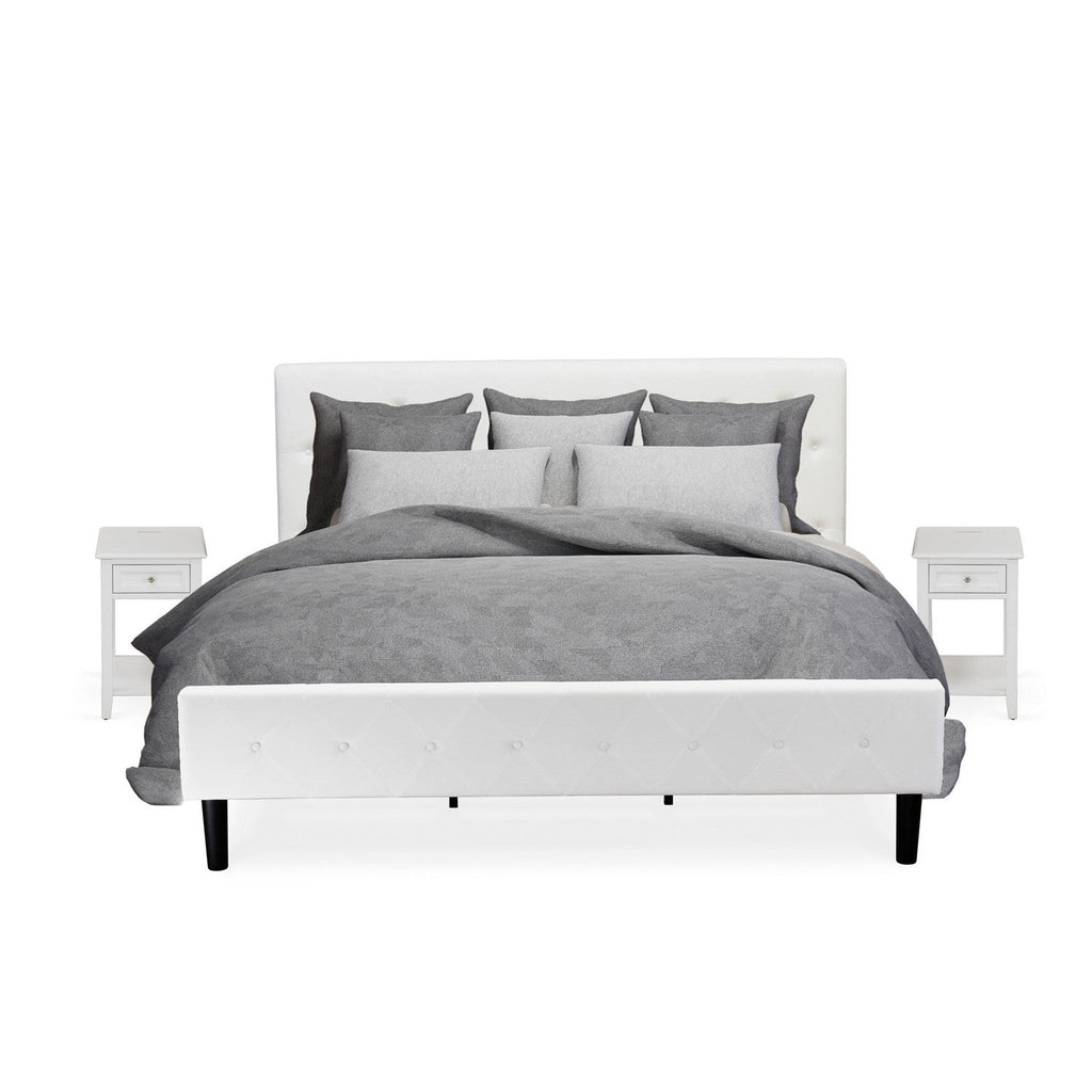 East West Furniture NL19K-2DE05 3 Piece King Bed Set - Button Tufted Bed Frame - White Velvet Fabric and Upholstered Headboard and a White Finish Nightstand